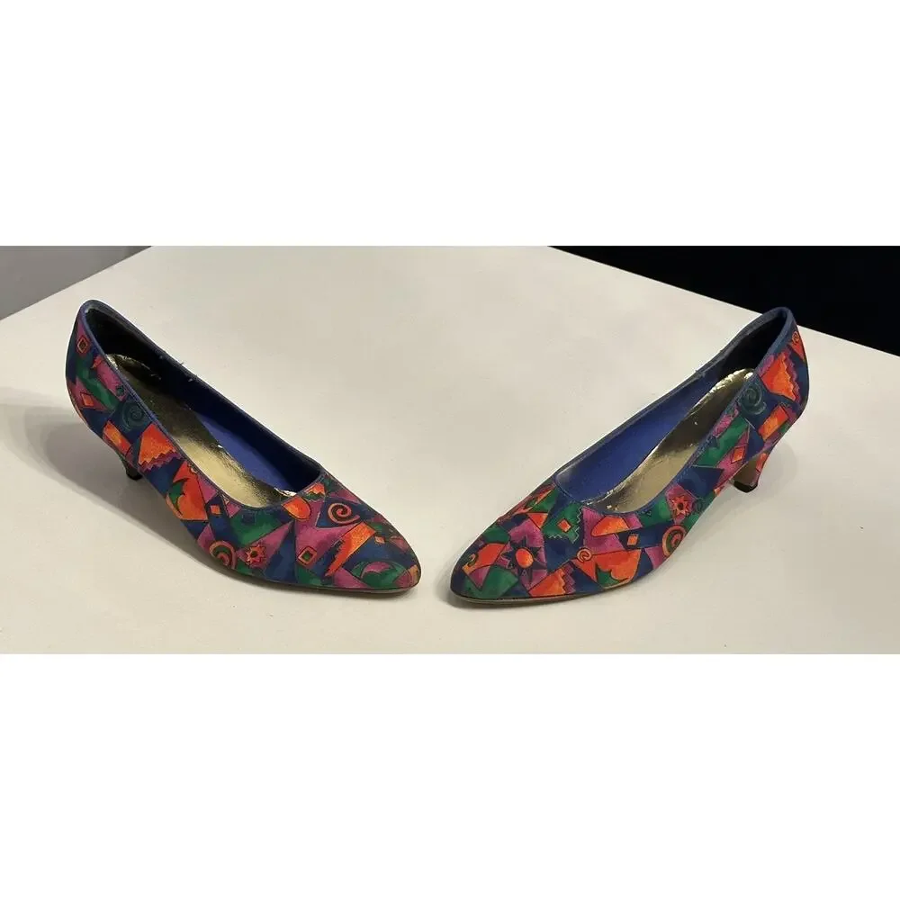 Vintage Color Block Low Heels Pump Sz 9 D Colorful Geometric Art